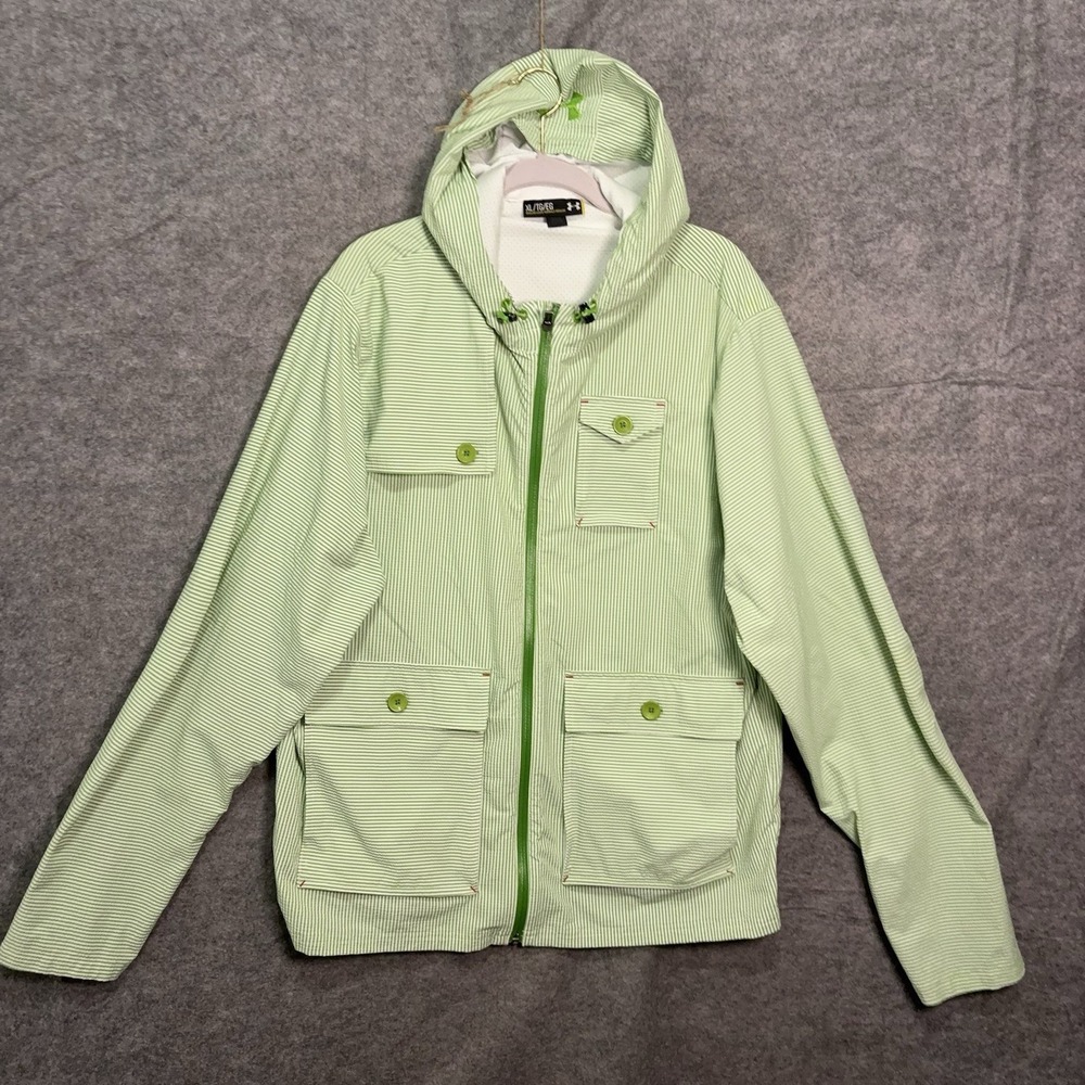 Under Armour Hooded Seersucker Jacket Mens XL Green Striped Vented Pockets